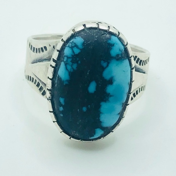Vtg Sterling Turquoise Navajo Hand Stamped Ring Fred Harvey Era Sz 10 - Picture 6 of 10